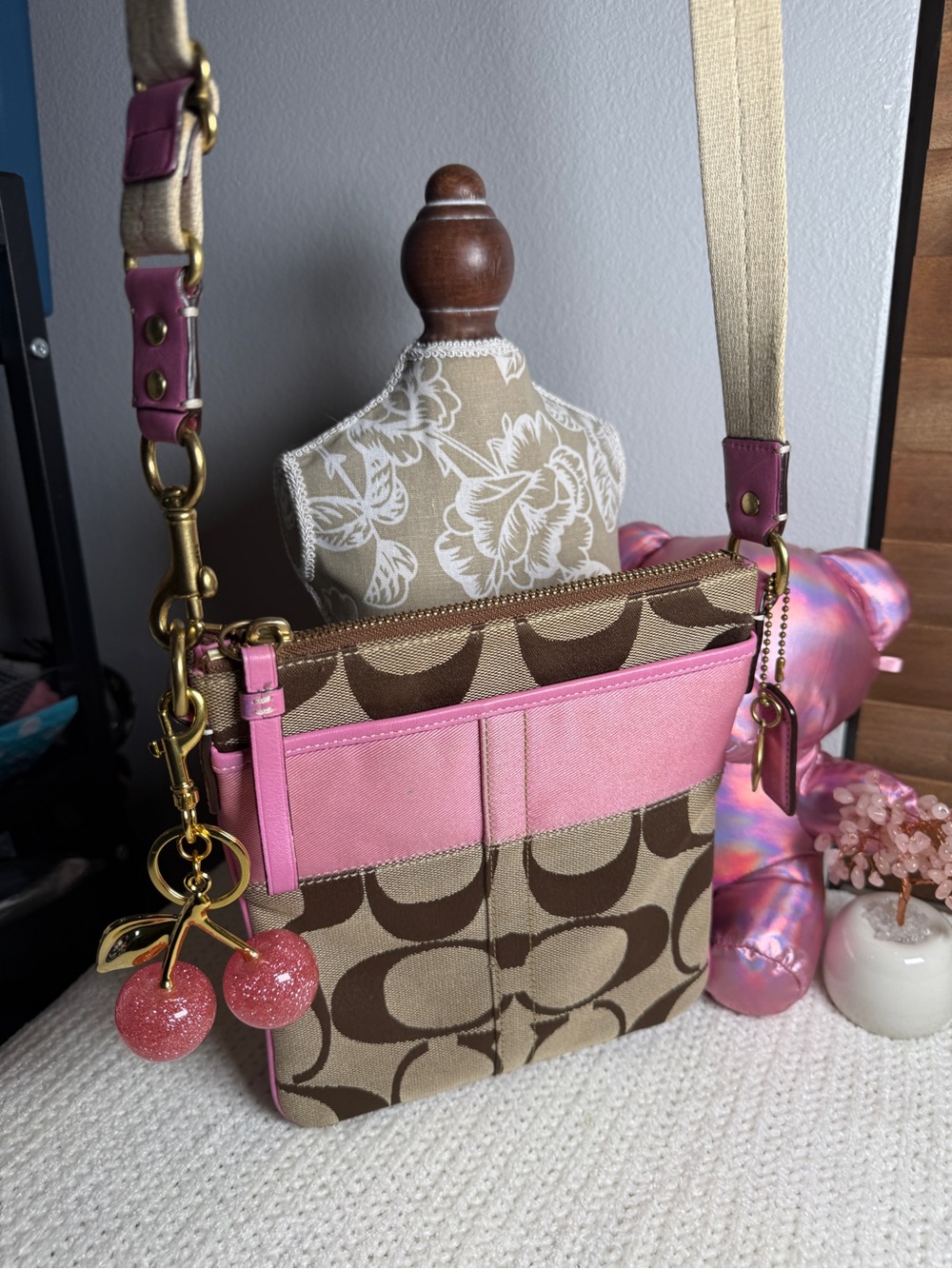 Vintage Coach #41207 Pink and Brown Signature Canvas Crossbody